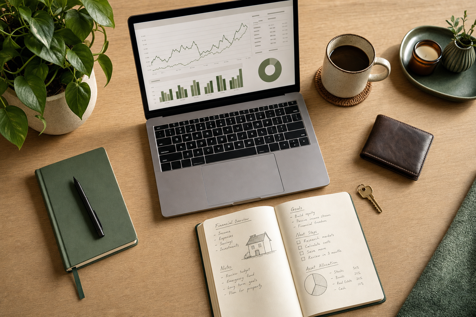 A laptop with finance charts beside an open notebook and a house key.
