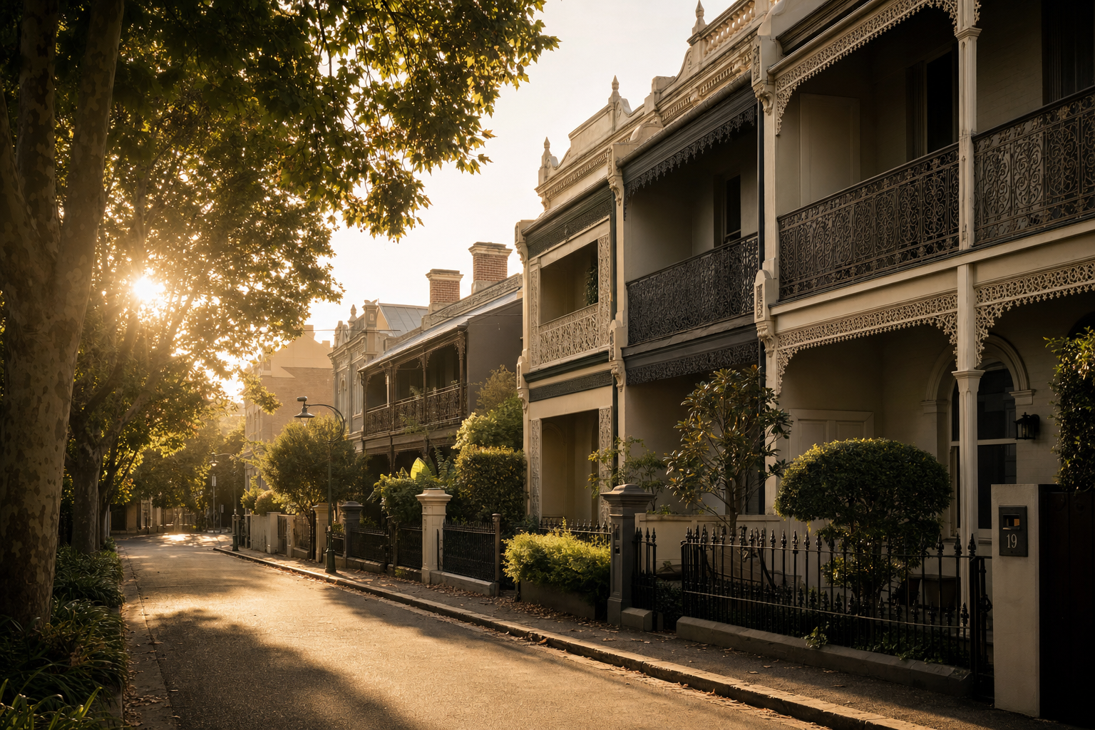 A leafy street of Victorian-era terrace homes in inner Melbourne at golden hour.