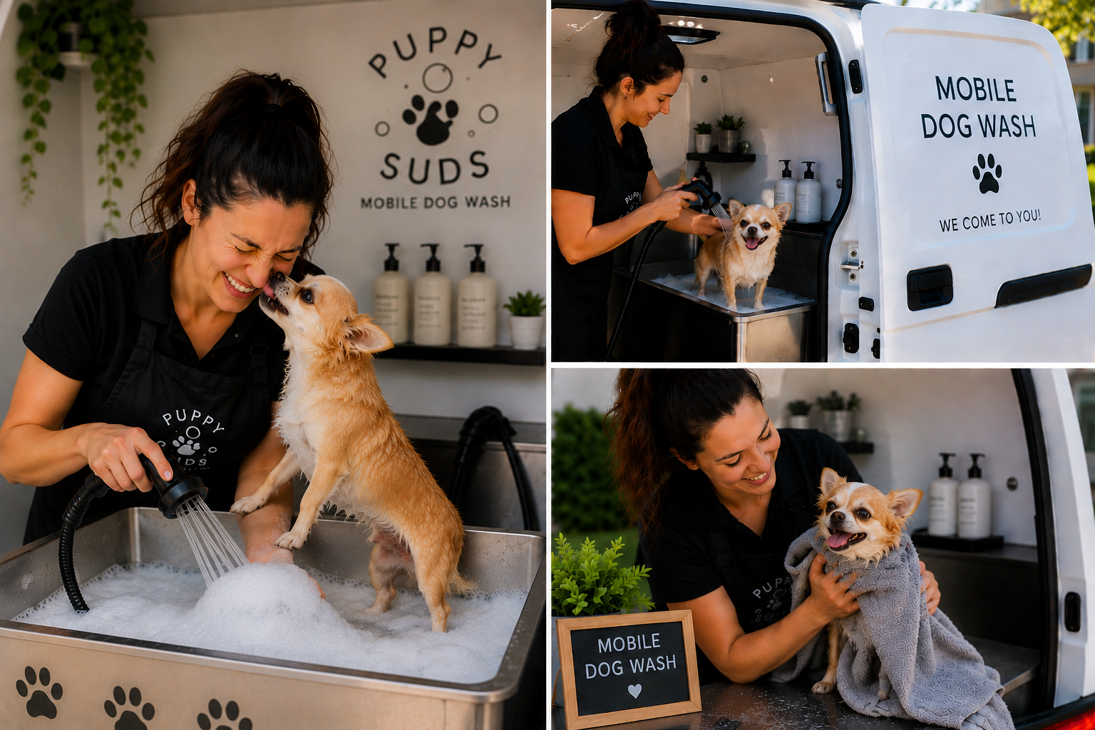 Mobile dog wash business owner with her dog — an example of a self-employed Melbourne small business client we help with home loan structuring.